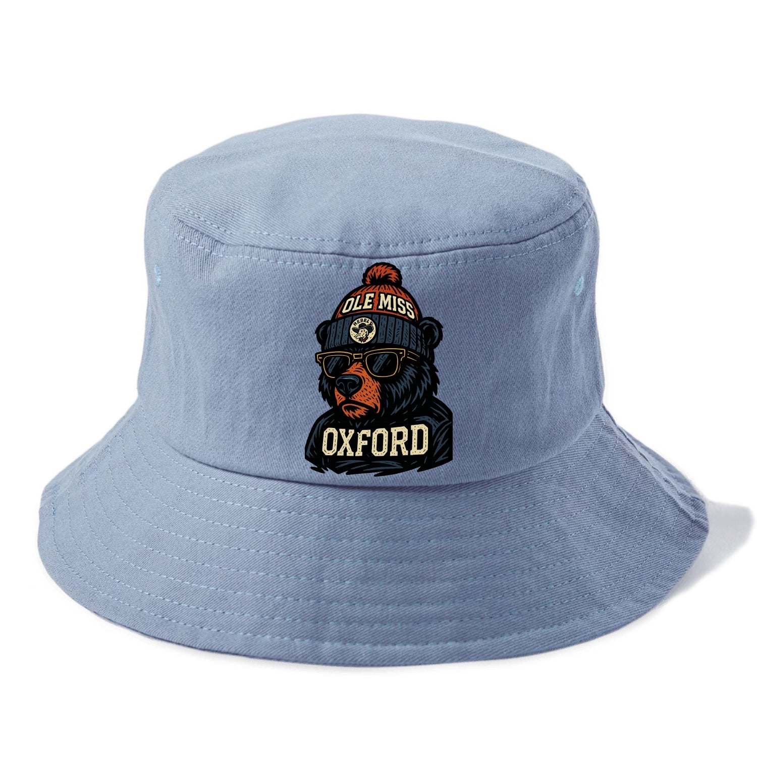 Oxford Black Bear wearing Ole Miss beanie with rebel patch - Bucket Hat - Summer Sky(Blue)