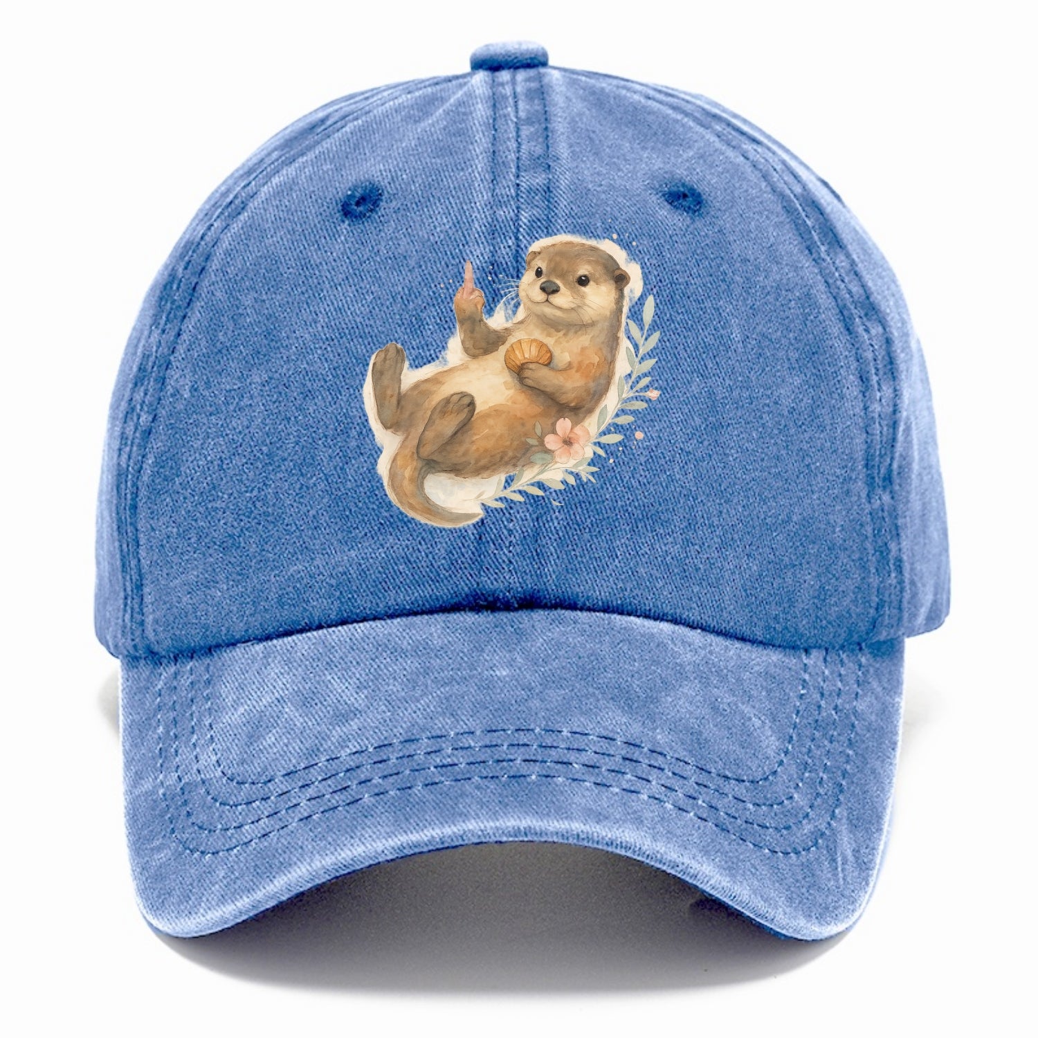 adorable otter floating on back, middle finger up while holding a shellfish - Classic Cap - Summer Sky(Blue)