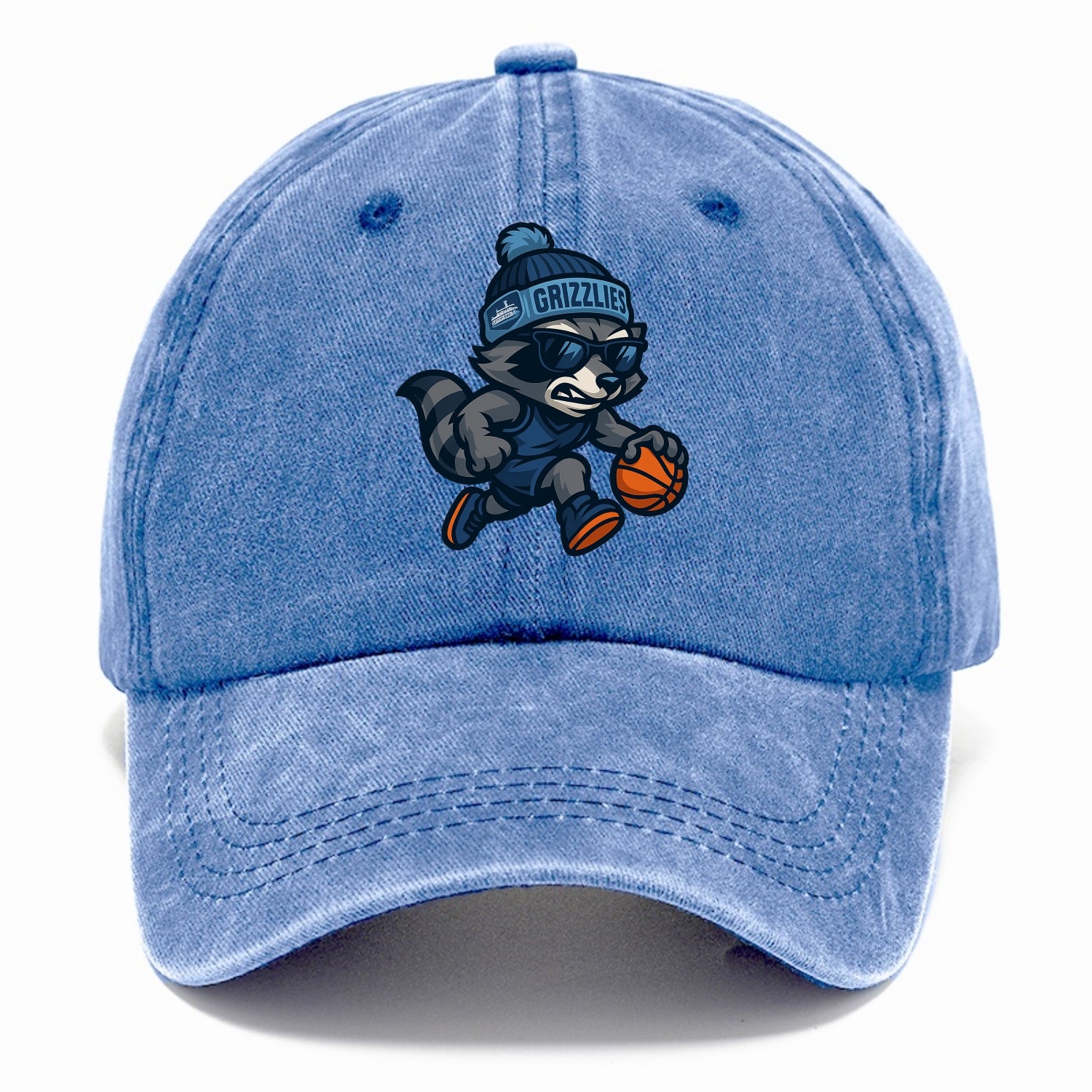Memphis Raccoon wearing Grizzlies beanie with riverboat patch and wayfarer sunglasses - Classic Cap - Summer Sky(Blue)