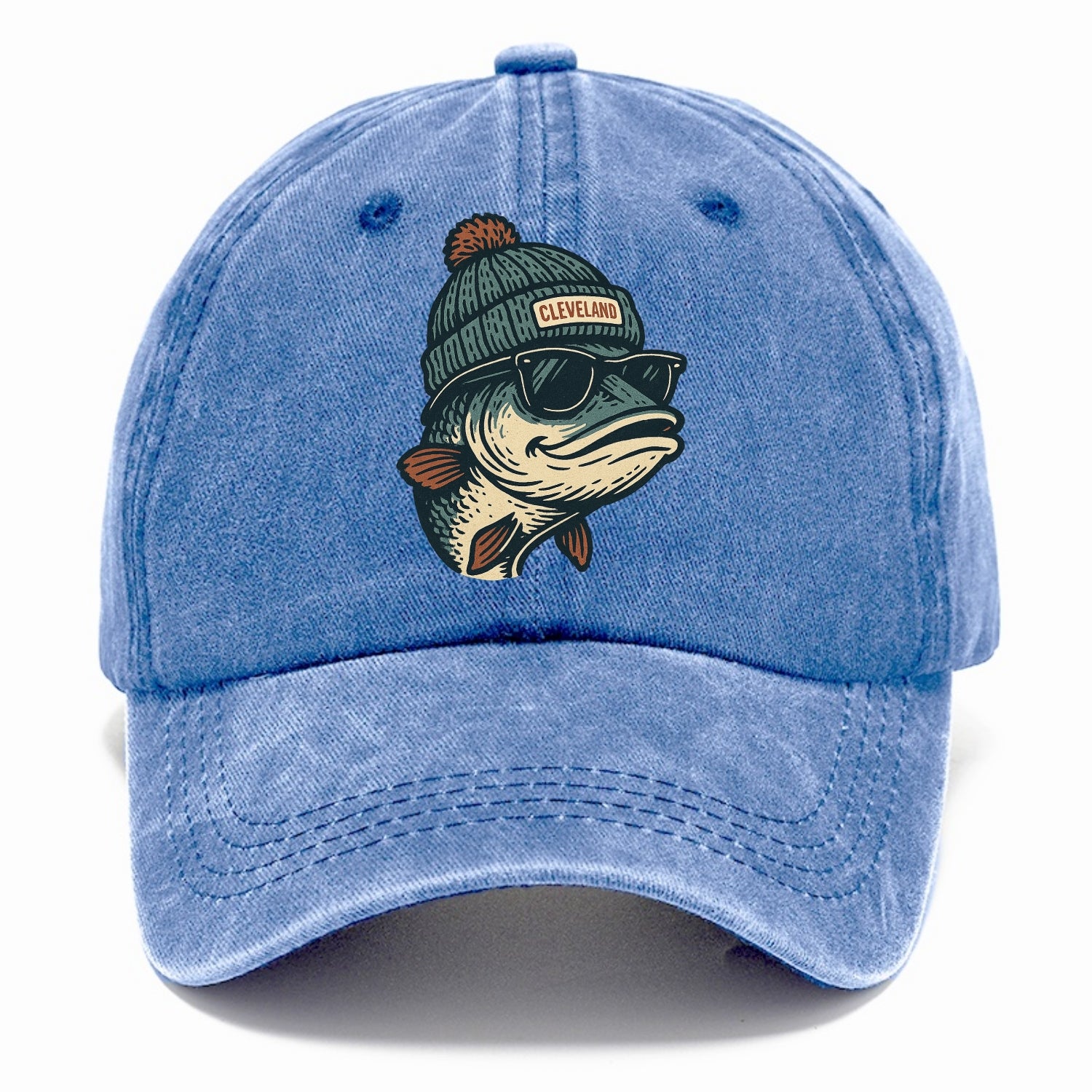 Cleveland Lake Erie Walleye wearing Cleveland beanie with pom pom and wayfarer - Classic Cap - Summer Sky(Blue)