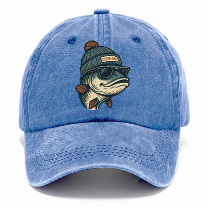 Cleveland Lake Erie Walleye wearing Cleveland beanie with pom pom and wayfarer - Classic Cap - Summer Sky(Blue)