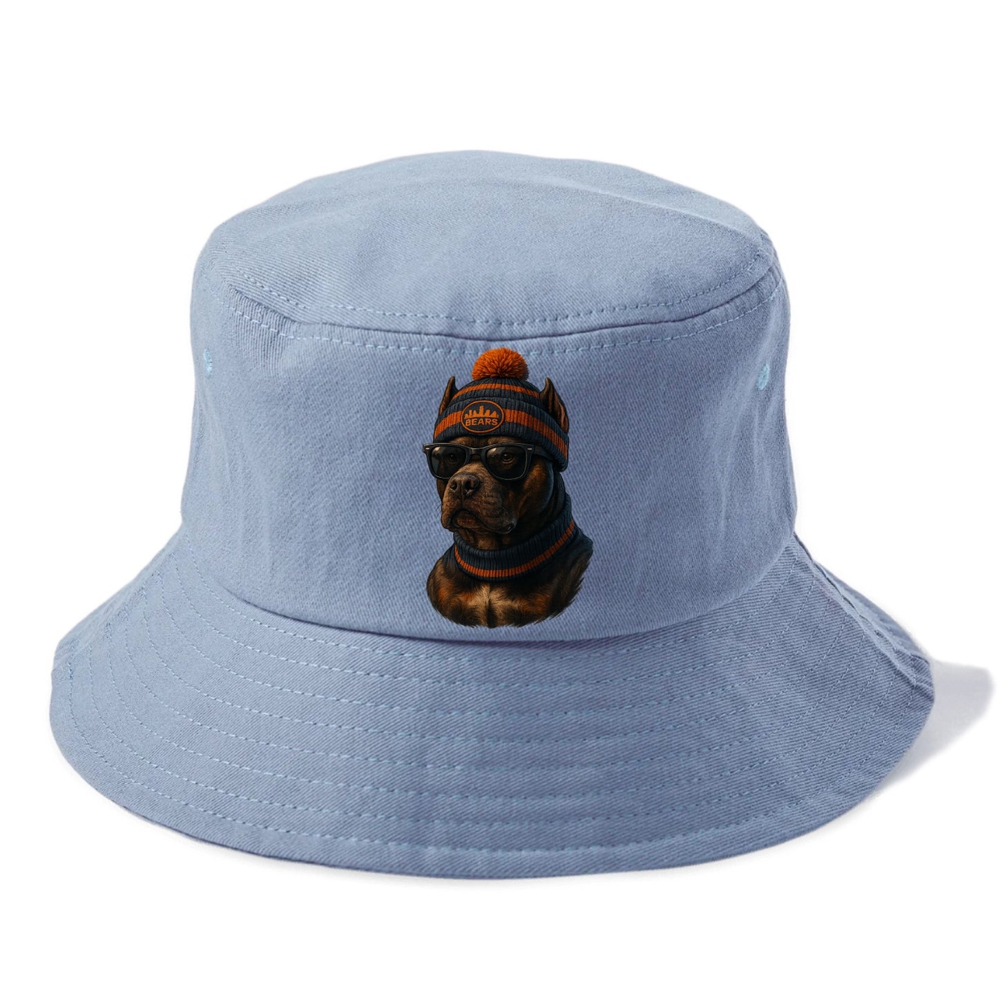 Chicago Pitbull wearing Bears beanie with skyline patch and wayfarer sunglasses - Bucket Hat - Summer Sky(Blue)