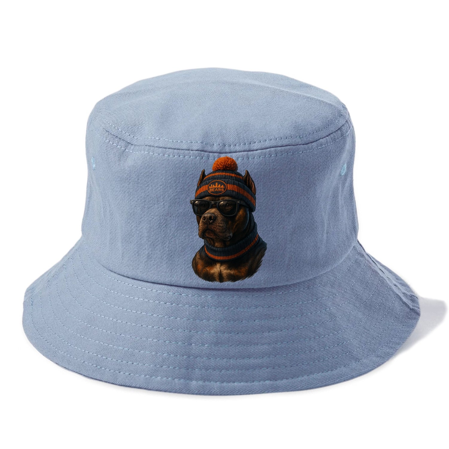 Chicago Pitbull wearing Bears beanie with skyline patch and wayfarer sunglasses - Bucket Hat - Summer Sky(Blue)