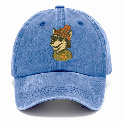 Minnesota Timber Wolf wearing Minneapolis beanie with pom pom and wayfarer sunglasses - Classic Cap - Summer Sky(Blue)