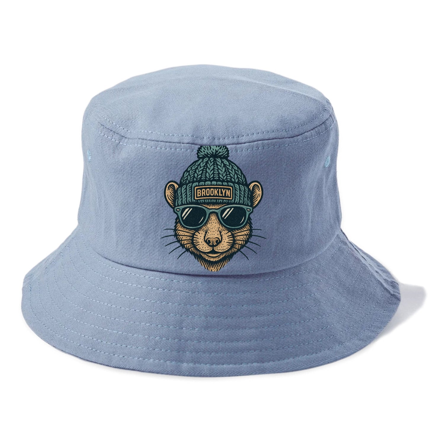 NYC Rat wearing Brooklyn beanie with pom pom and wayfarer sunglasses - Bucket Hat - Summer Sky(Blue)