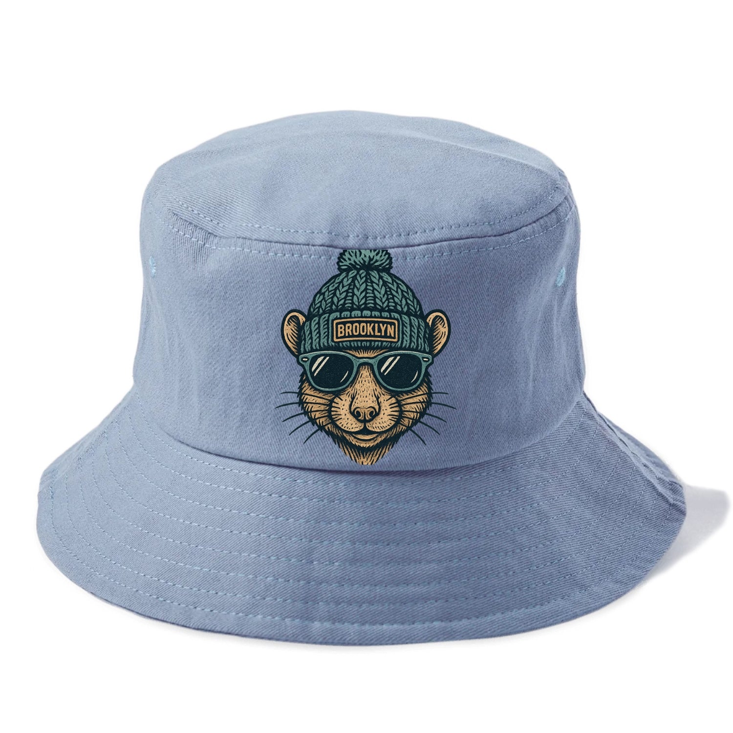 NYC Rat wearing Brooklyn beanie with pom pom and wayfarer sunglasses - Bucket Hat - Summer Sky(Blue)