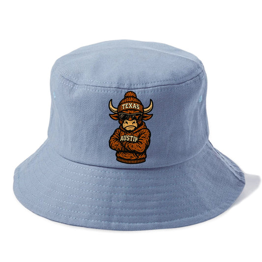 Austin Bevo wearing Texas beanie with longhorn patch - Bucket Hat - Summer Sky(Blue)