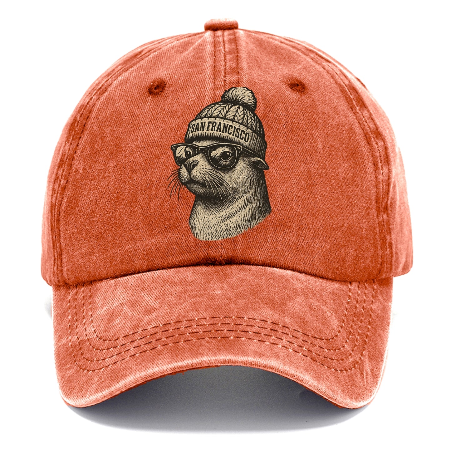San Francisco Sea Lion wearing San Francisco beanie with pom pom and wayfarer - Classic Cap - Terracotta Clay(Orange)