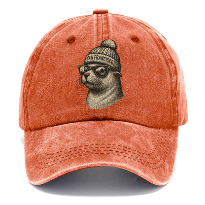 San Francisco Sea Lion wearing San Francisco beanie with pom pom and wayfarer - Classic Cap - Terracotta Clay(Orange)