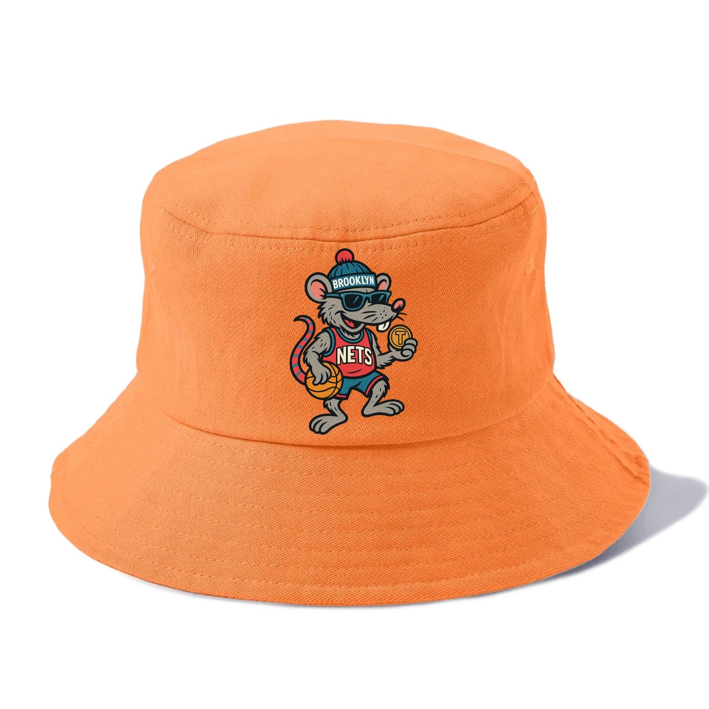 Brooklyn Rat wearing Nets beanie with subway token and wayfarer sunglasses - Bucket Hat - Terracotta Clay(Orange)