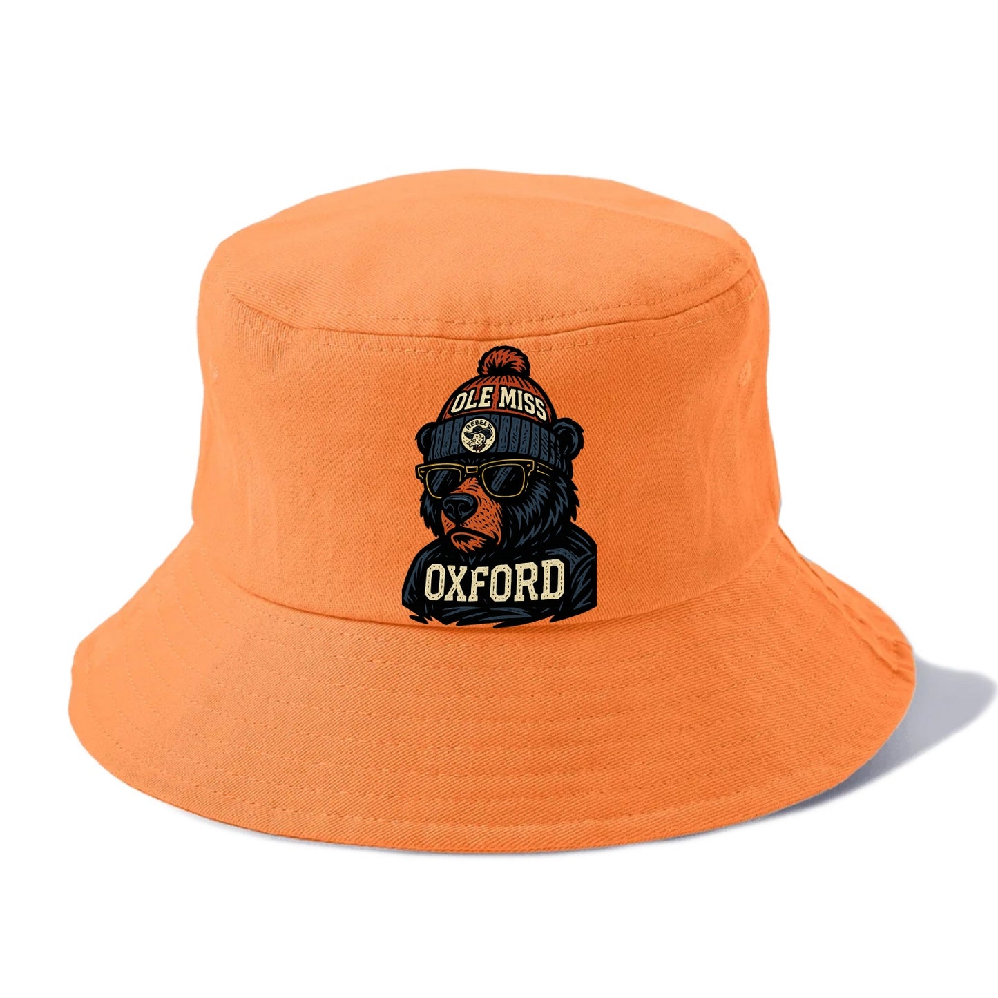 Oxford Black Bear wearing Ole Miss beanie with rebel patch - Bucket Hat - Terracotta Clay(Orange)