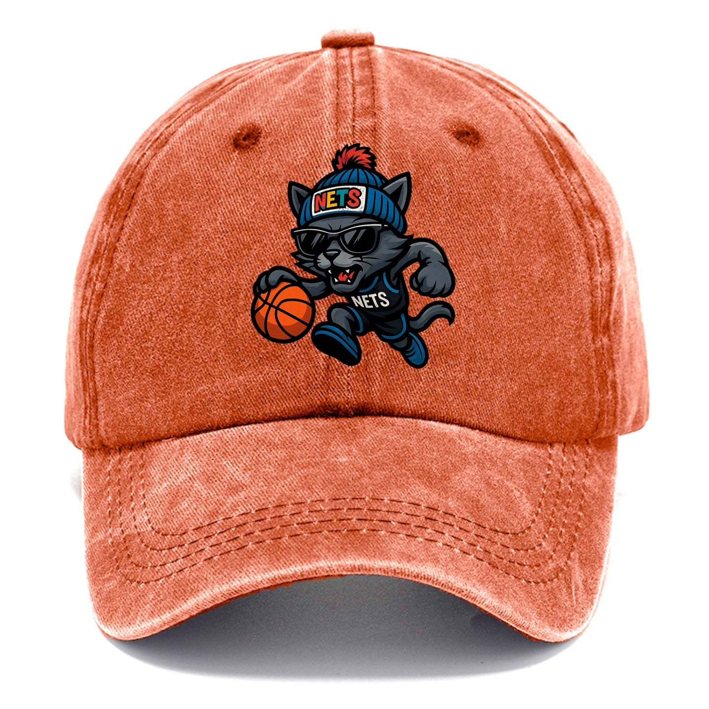 Brooklyn Cat wearing Nets beanie with street art patch and wayfarer sunglasses - Classic Cap - Terracotta Clay(Orange)