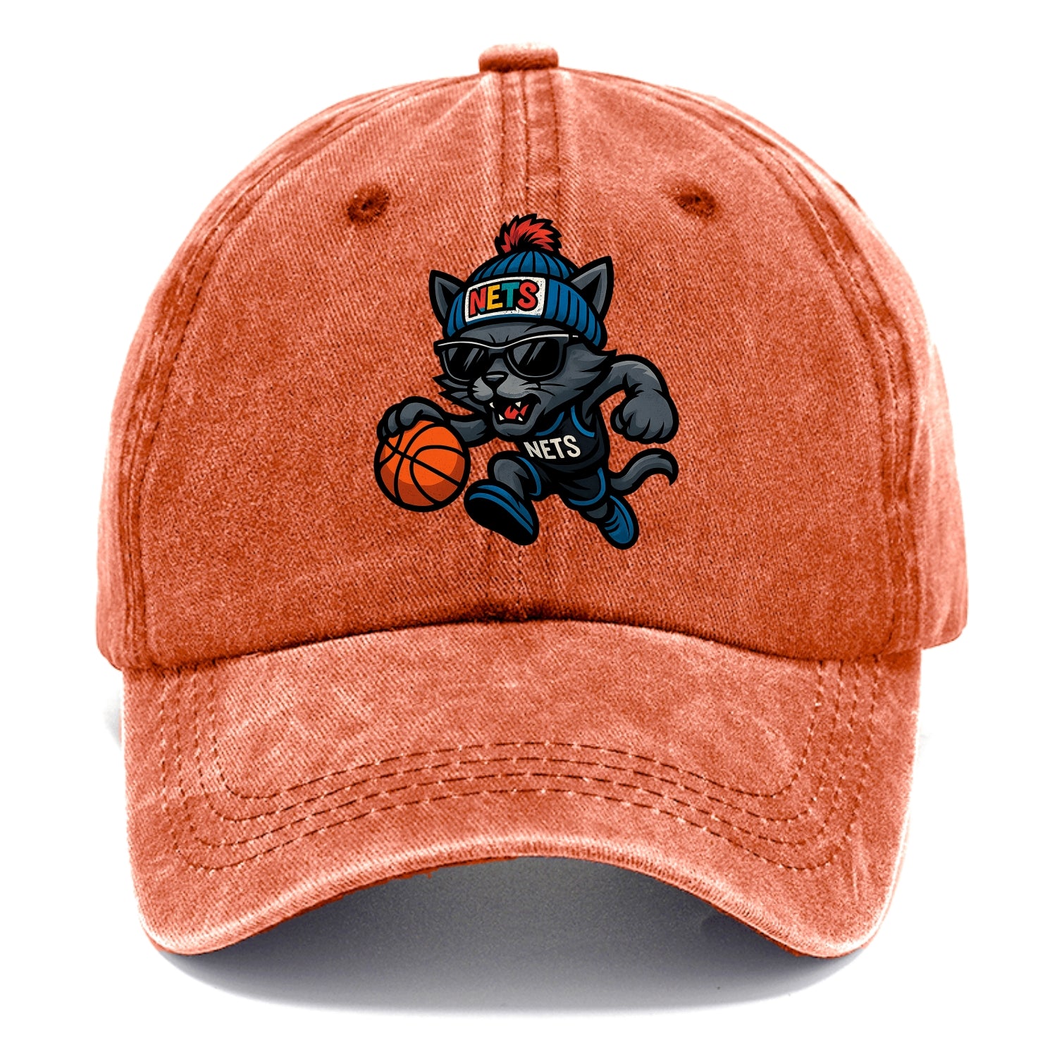 Brooklyn Cat wearing Nets beanie with street art patch and wayfarer sunglasses - Classic Cap - Terracotta Clay(Orange)