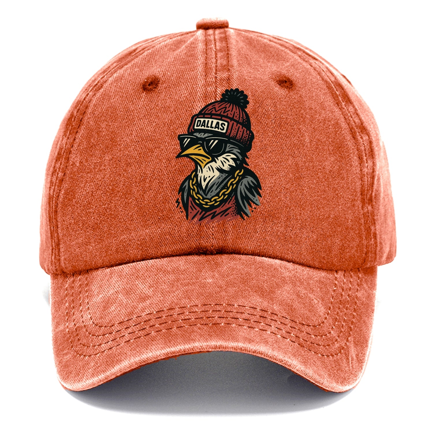 Dallas Mockingbird wearing Dallas beanie with pom pom and wayfarer sunglasses - Classic Cap - Terracotta Clay(Orange)