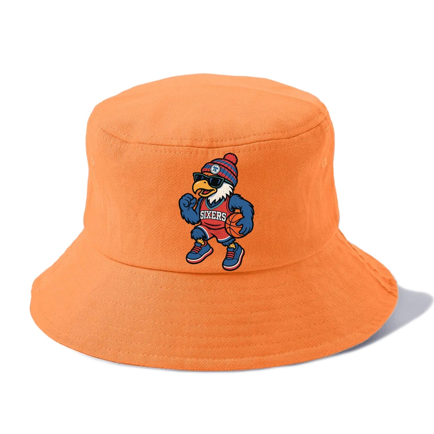 Philadelphia Eagle wearing 76ers red white and blue beanie with bell patch and - Bucket Hat - Terracotta Clay(Orange)