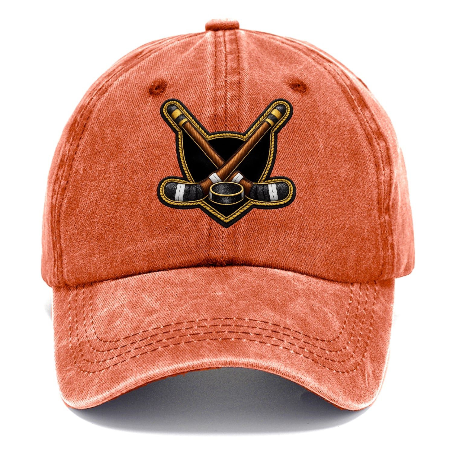 Embroidered patch design - HOCKEY CROSSED STICKS - ice hockey sticks with puck in - Classic Cap - Terracotta Clay(Orange)
