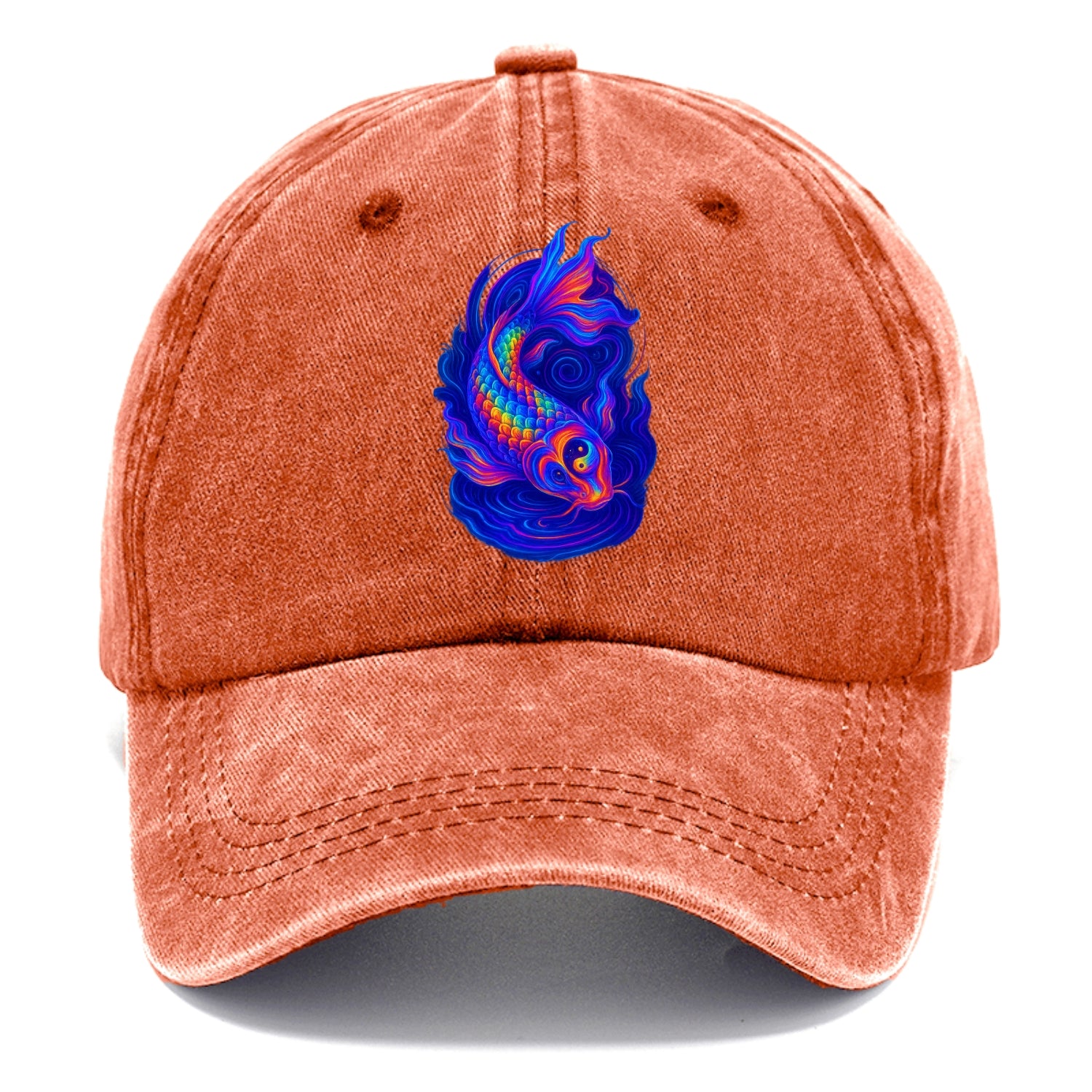 Sacred koi with scales reflecting rainbow prisms, yin-yang patterns in cosmic colors, - Classic Cap - Terracotta Clay(Orange)