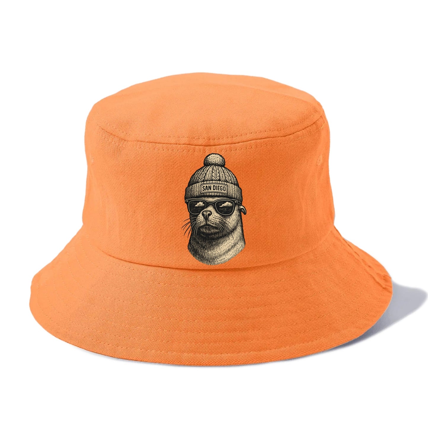 San Diego Sea Lion wearing San Diego beanie with pom pom and wayfarer sunglasses - Bucket Hat - Terracotta Clay(Orange)