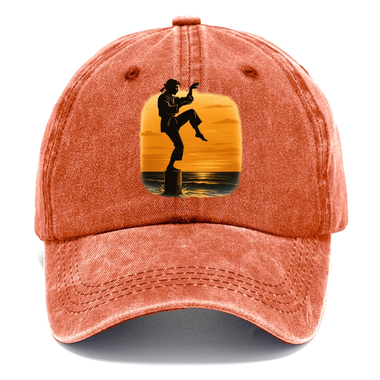 karate crane kick pose on wooden post at beach sunset - Classic Cap - Terracotta Clay(Orange)