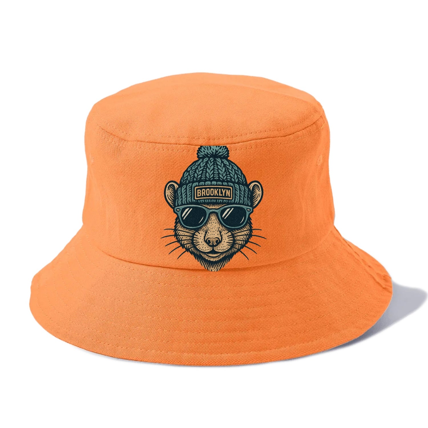 NYC Rat wearing Brooklyn beanie with pom pom and wayfarer sunglasses - Bucket Hat - Terracotta Clay(Orange)