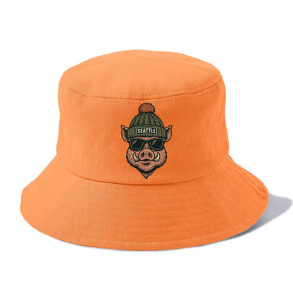 Washington Hog wearing Seattle beanie with pom pom and wayfarer sunglasses - Bucket Hat - Terracotta Clay(Orange)