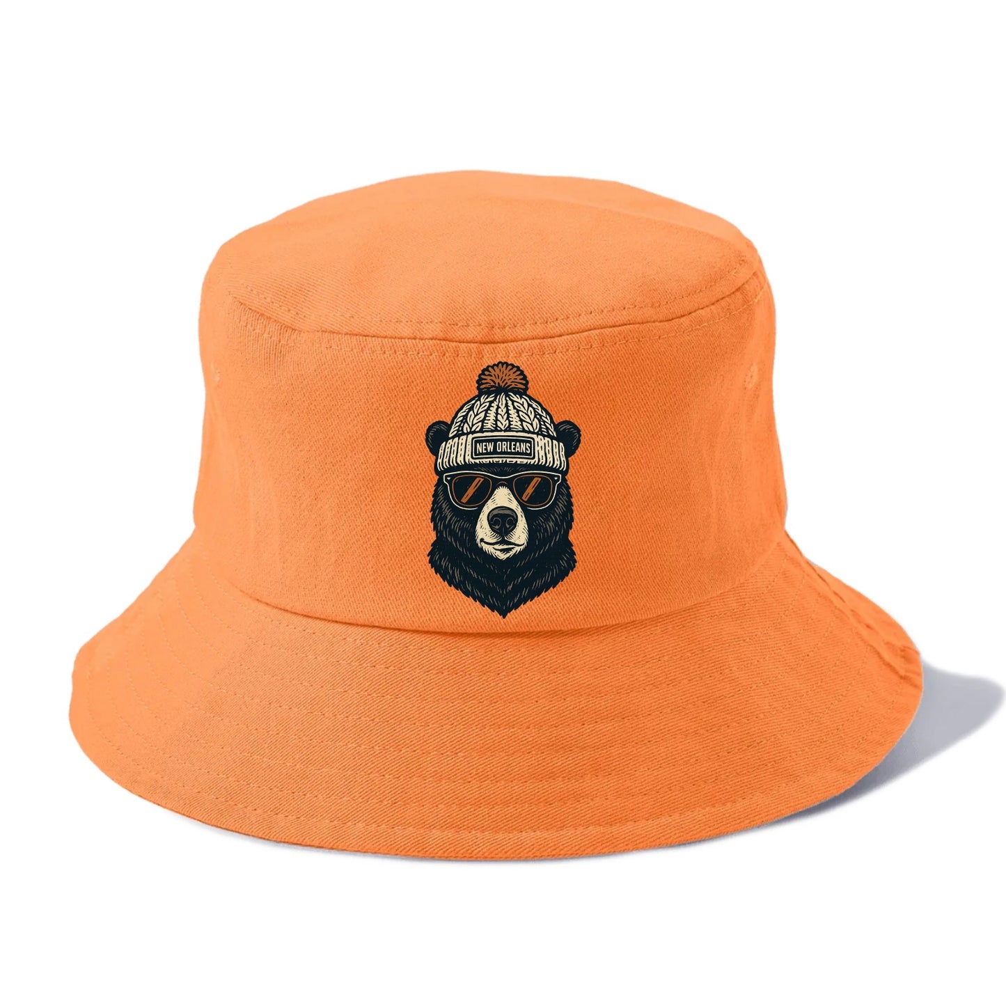 Louisiana Black Bear wearing New Orleans beanie with pom pom and wayfarer sunglasses - Bucket Hat - Terracotta Clay(Orange)