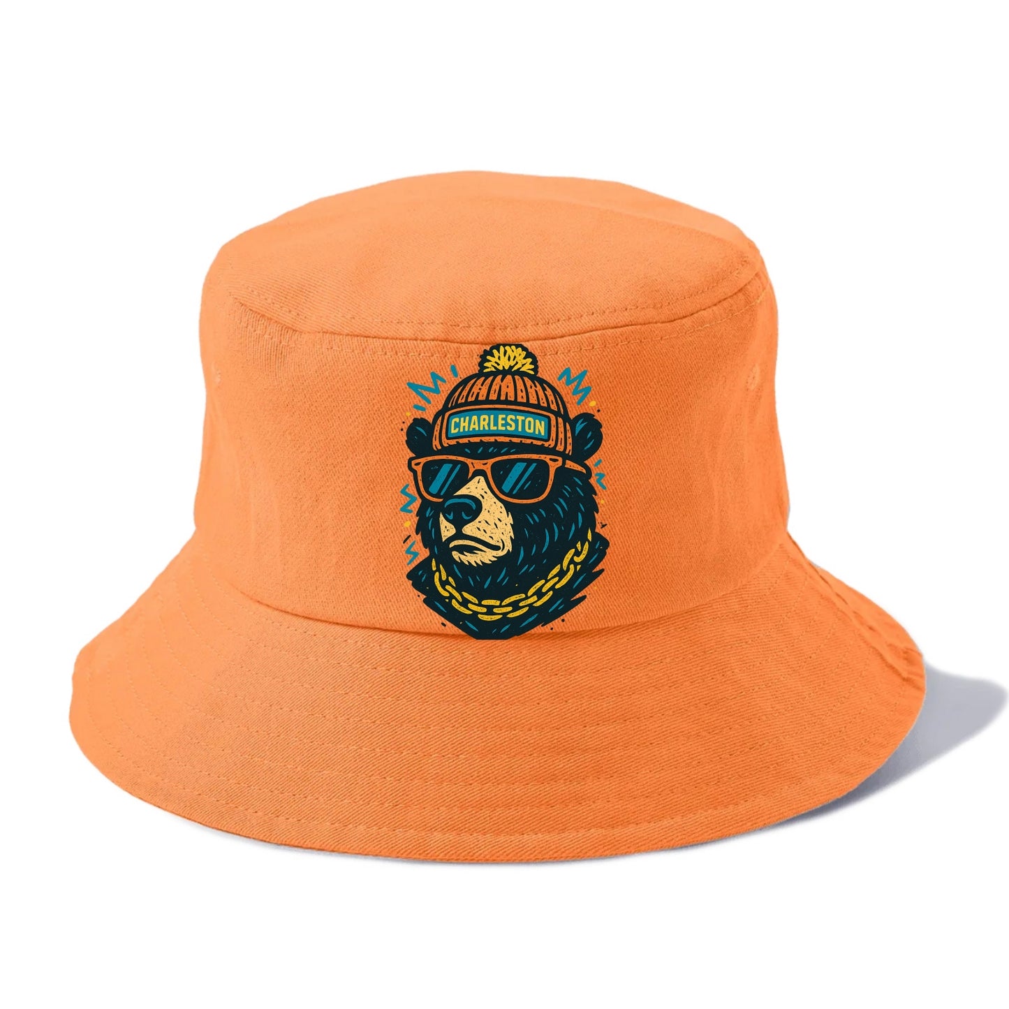 West Virginia Black Bear wearing Charleston beanie with pom pom and wayfarer sunglasses - Bucket Hat - Terracotta Clay(Orange)