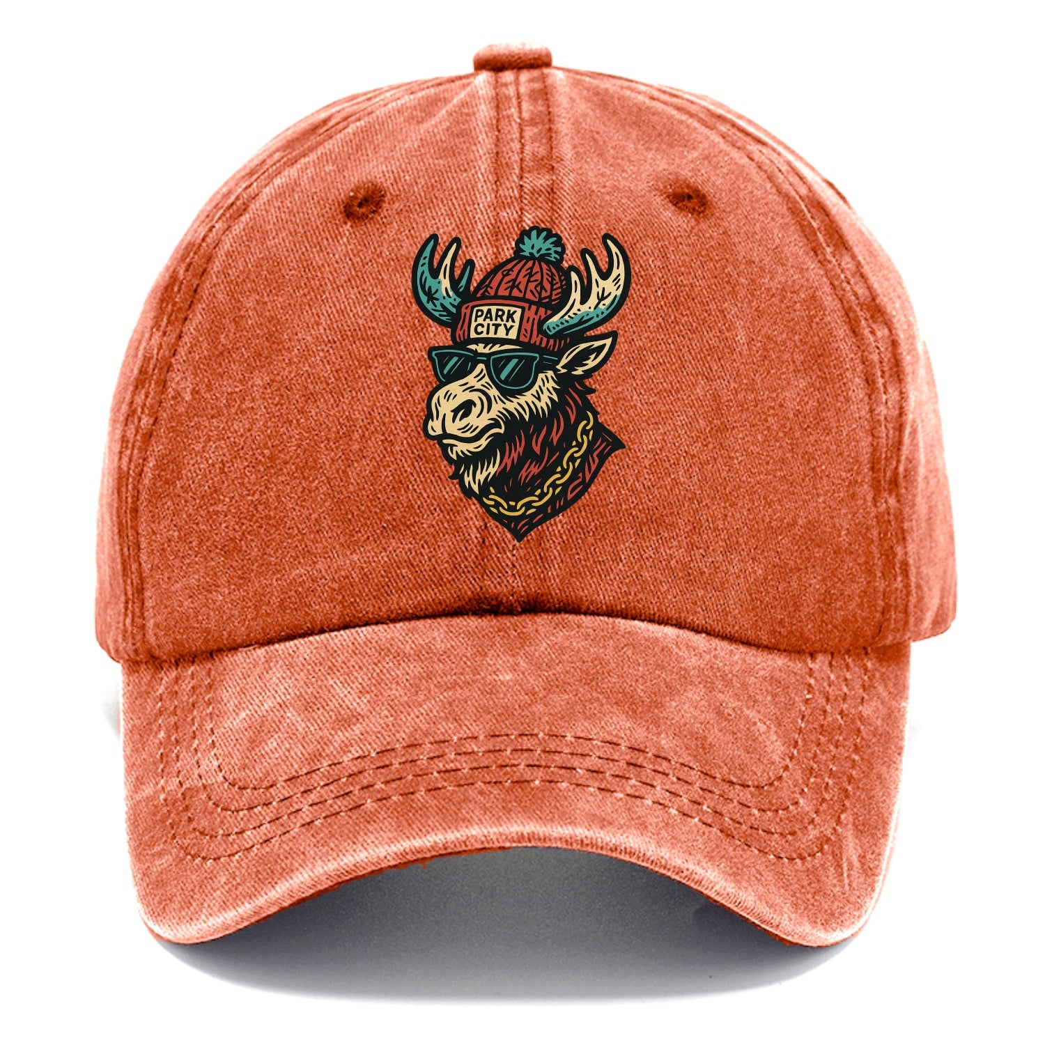 Park City Moose wearing Park City beanie with pom pom and wayfarer sunglasses - Classic Cap - Terracotta Clay(Orange)