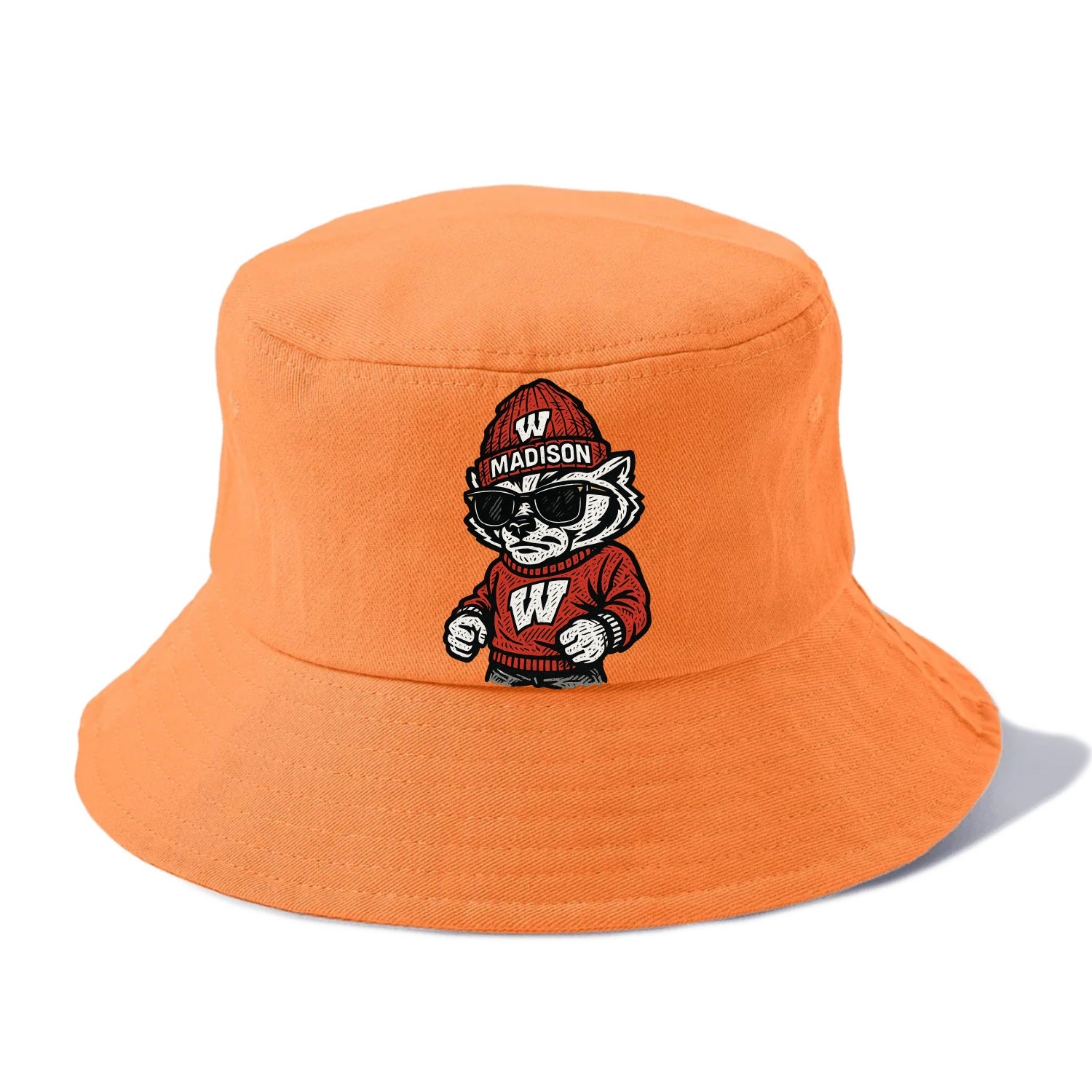 Madison Badger wearing Wisconsin beanie with motion W patch - Bucket Hat - Terracotta Clay(Orange)