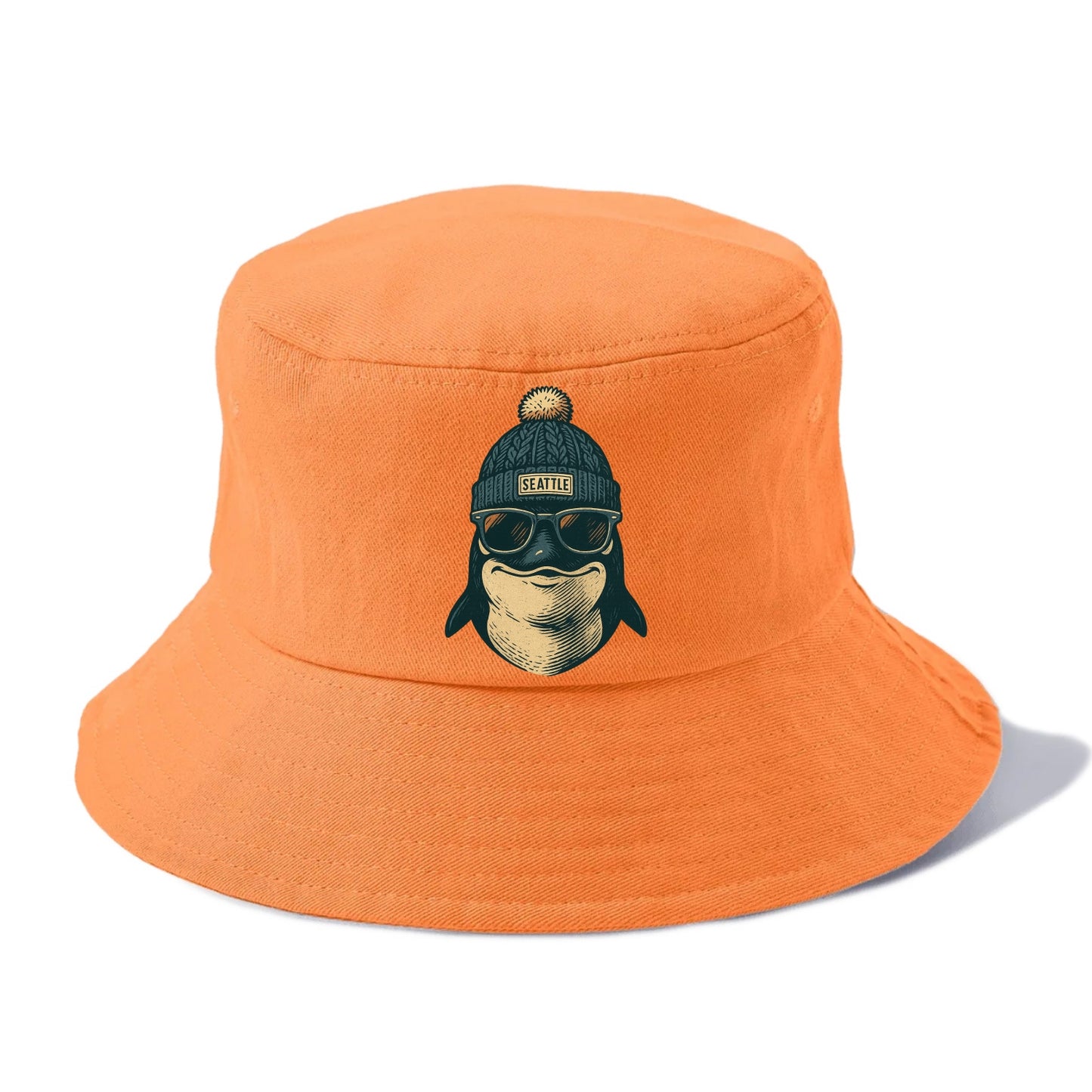 Washington Orca wearing Seattle beanie with pom pom and wayfarer sunglasses - Bucket Hat - Terracotta Clay(Orange)