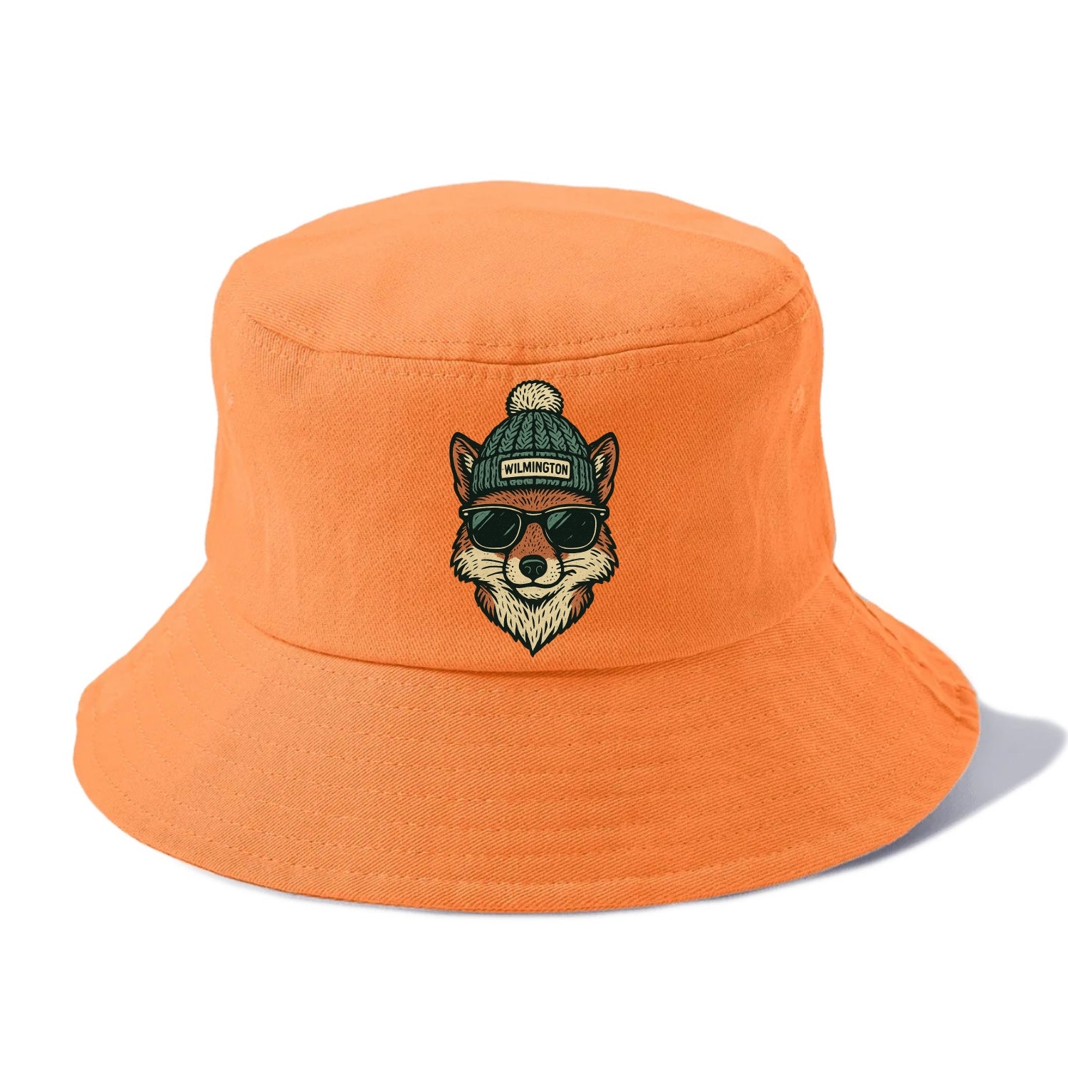 Delaware Gray Fox wearing Wilmington beanie with pom pom and wayfarer sunglasses - Bucket Hat - Terracotta Clay(Orange)