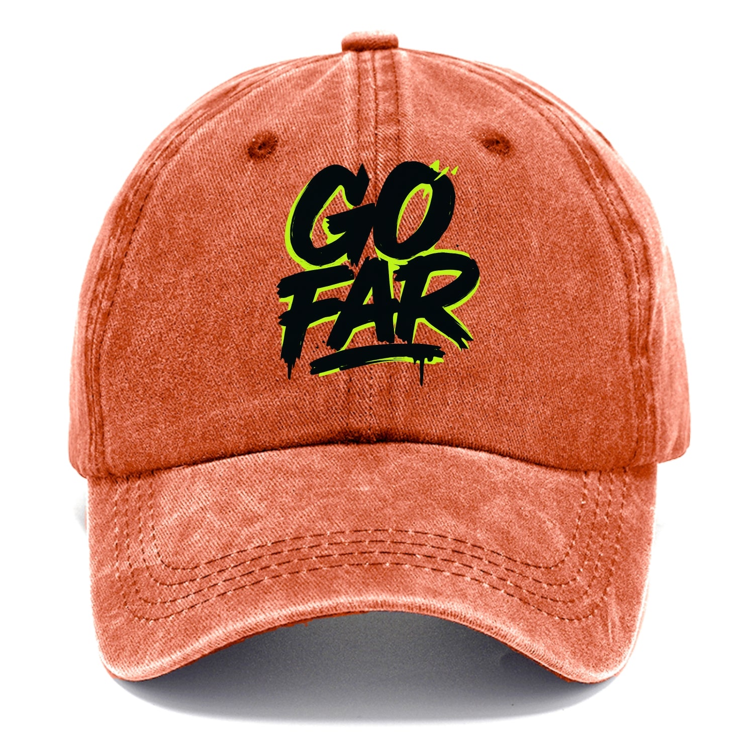 Bold typography design - "GO FAR" - distance goals, pushing limits - Classic Cap - Terracotta Clay(Orange)