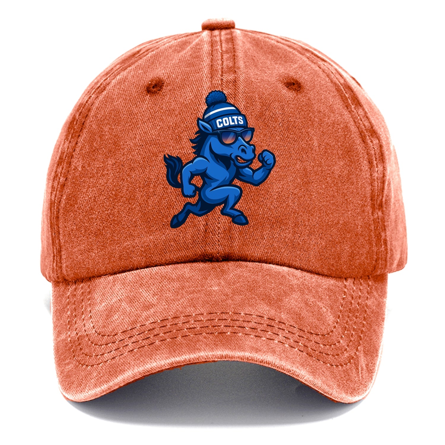 Indianapolis Colt Horse wearing Colts blue and white beanie with pom pom and wayfarer - Classic Cap - Terracotta Clay(Orange)