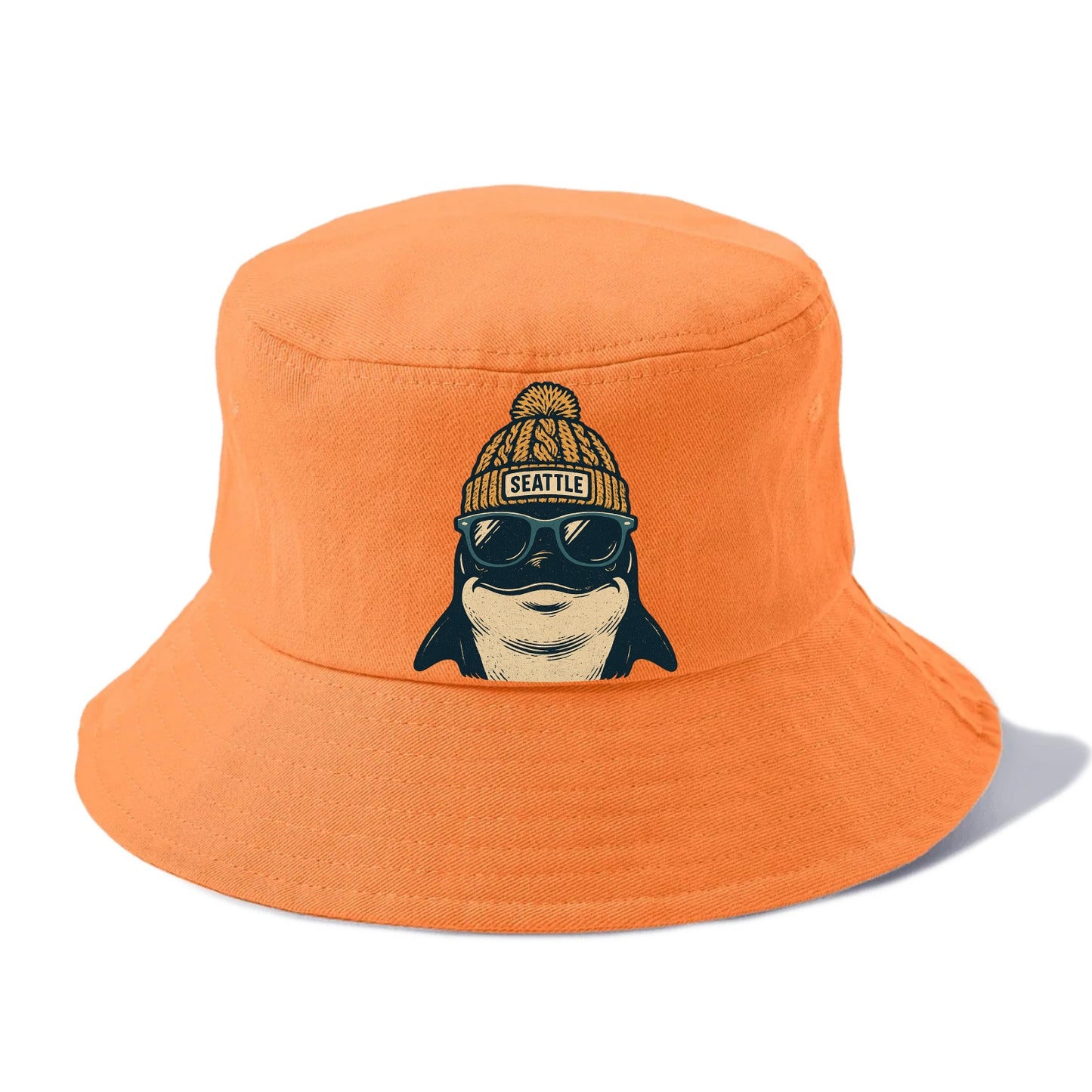 Seattle Orca wearing Seattle beanie with pom pom and wayfarer sunglasses - Bucket Hat - Terracotta Clay(Orange)