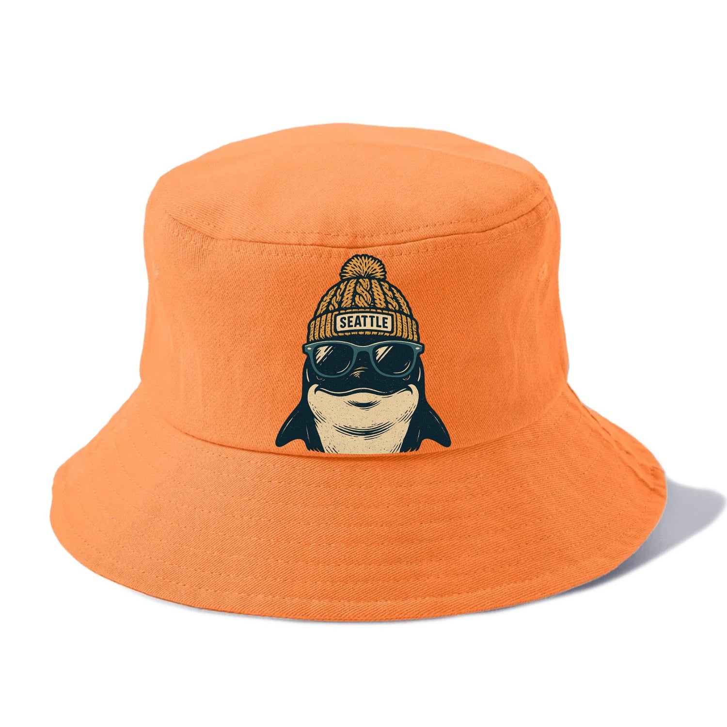 Seattle Orca wearing Seattle beanie with pom pom and wayfarer sunglasses - Bucket Hat - Terracotta Clay(Orange)