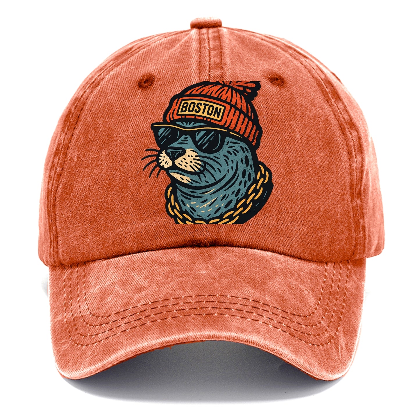 Boston Harbor Seal wearing Boston beanie with pom pom and wayfarer sunglasses - Classic Cap - Terracotta Clay(Orange)