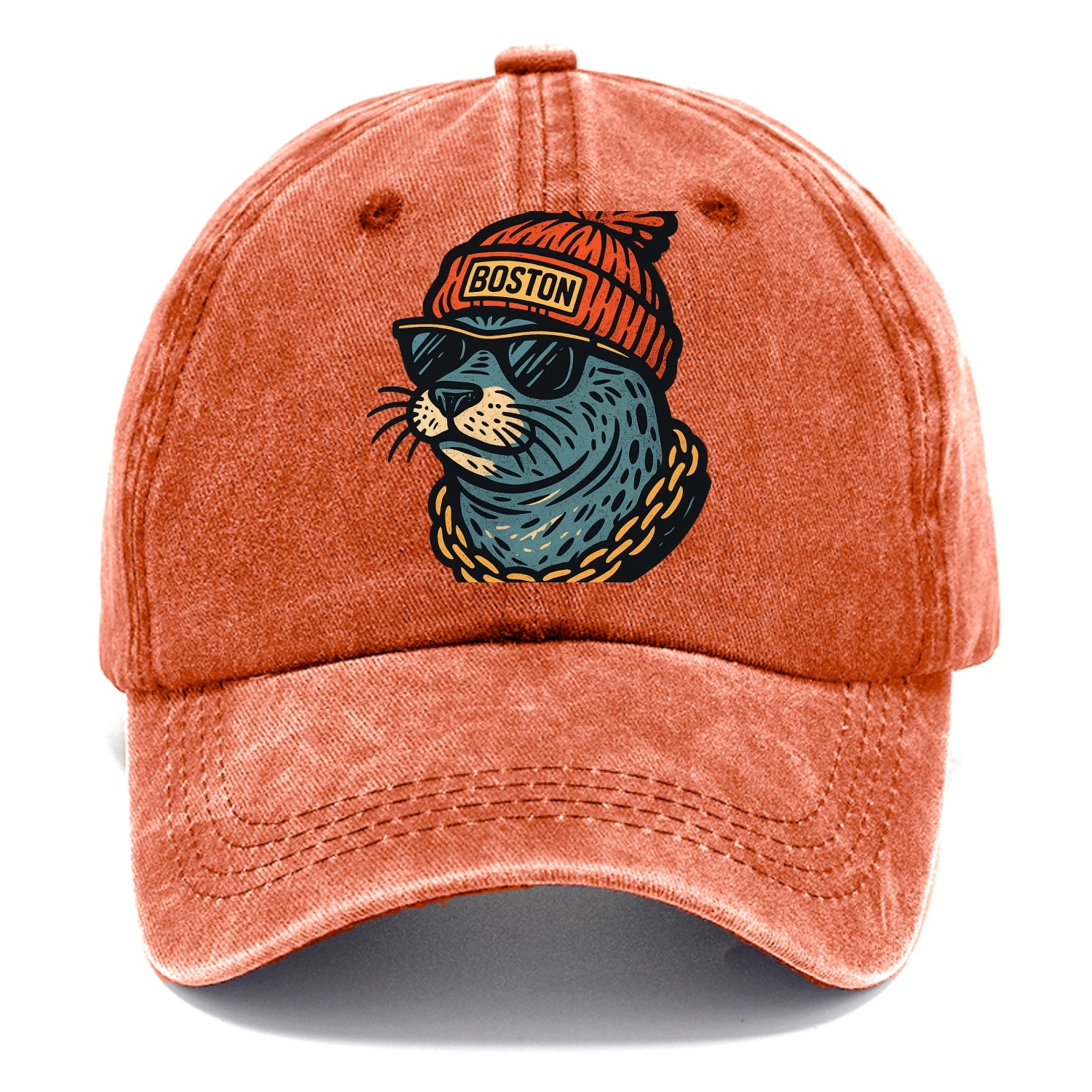 Boston Harbor Seal wearing Boston beanie with pom pom and wayfarer sunglasses - Classic Cap - Terracotta Clay(Orange)