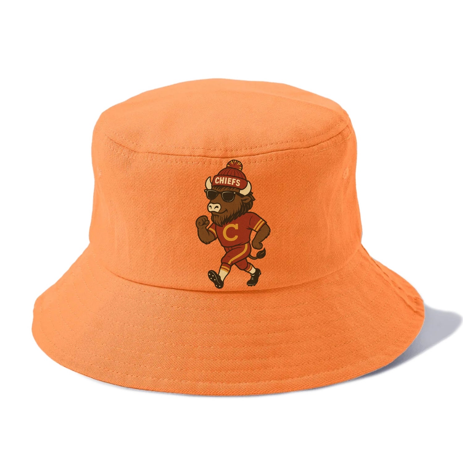 KC Bison wearing Chiefs beanie with arrowhead patch and wayfarer sunglasses - Bucket Hat - Terracotta Clay(Orange)