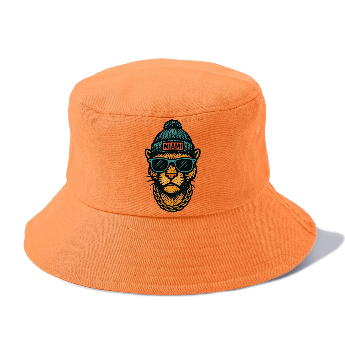Florida Panther wearing Miami beanie with pom pom and wayfarer sunglasses - Bucket Hat - Terracotta Clay(Orange)