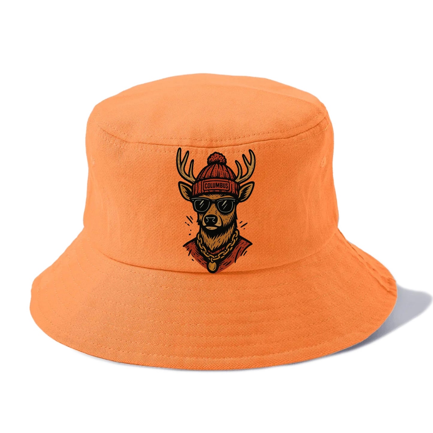 Columbus White-tailed Deer wearing Columbus beanie with pom pom and wayfarer sunglasses - Bucket Hat - Terracotta Clay(Orange)
