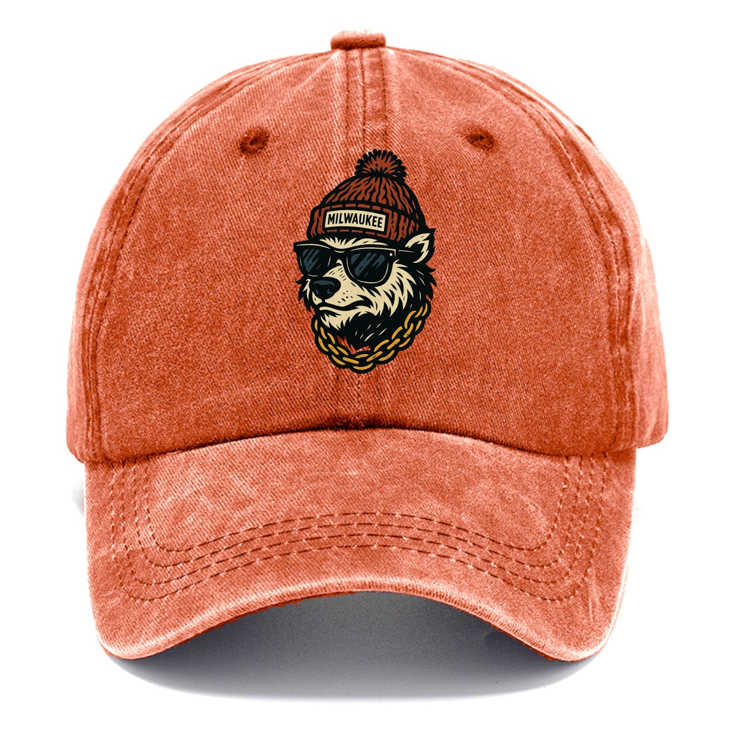 Milwaukee Badger wearing Milwaukee beanie with pom pom and wayfarer sunglasses - Classic Cap - Terracotta Clay(Orange)