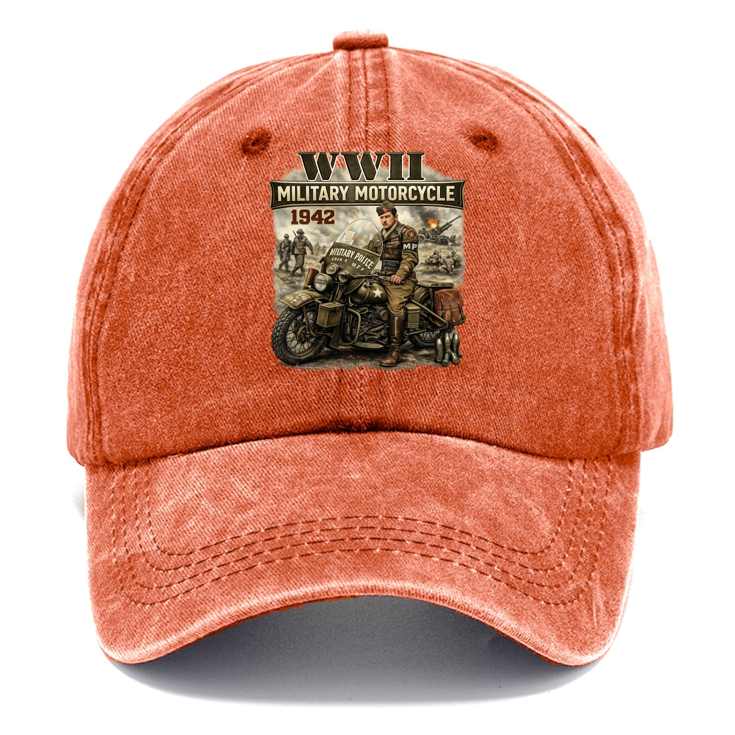 Wwii Military Motorcycle 1942 - Classic Cap - Terracotta Clay(Orange)
