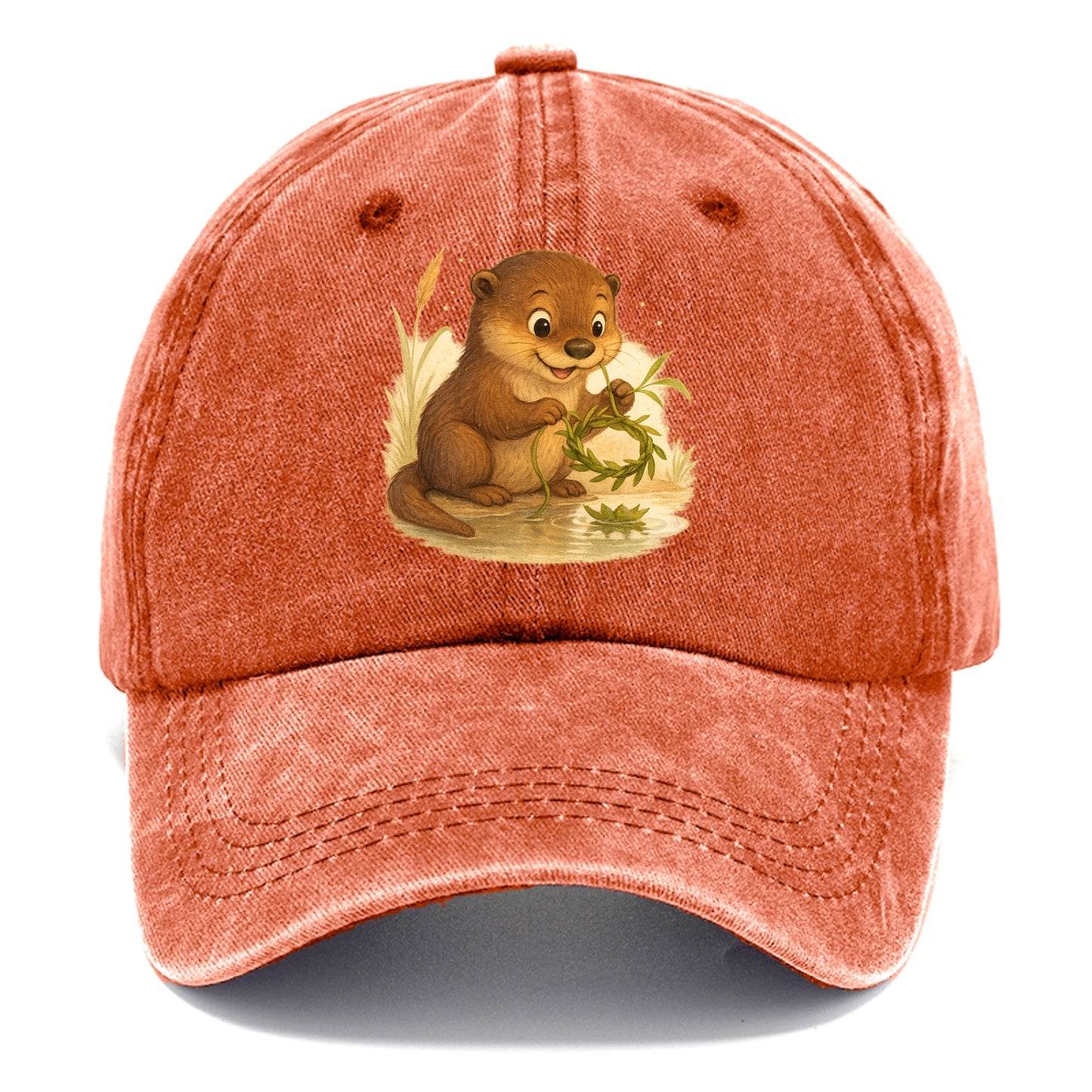 Otter weaving river reeds into a floating crown beside mirror-still water - Classic Cap - Terracotta Clay(Orange)