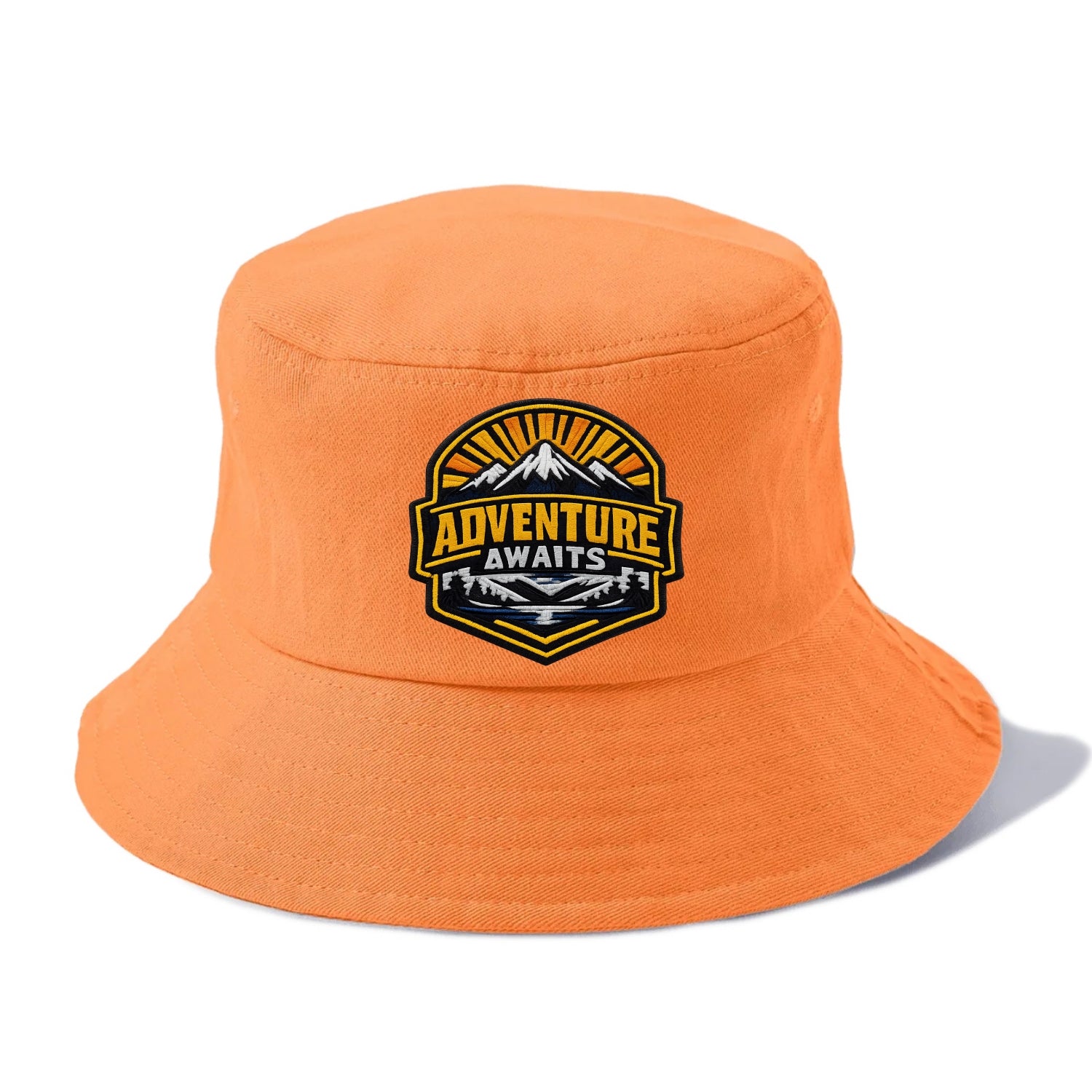 ADVENTURE AWAITS - mountain sunrise with text in gold and blue , wanderlust - Bucket Hat - Terracotta Clay(Orange)