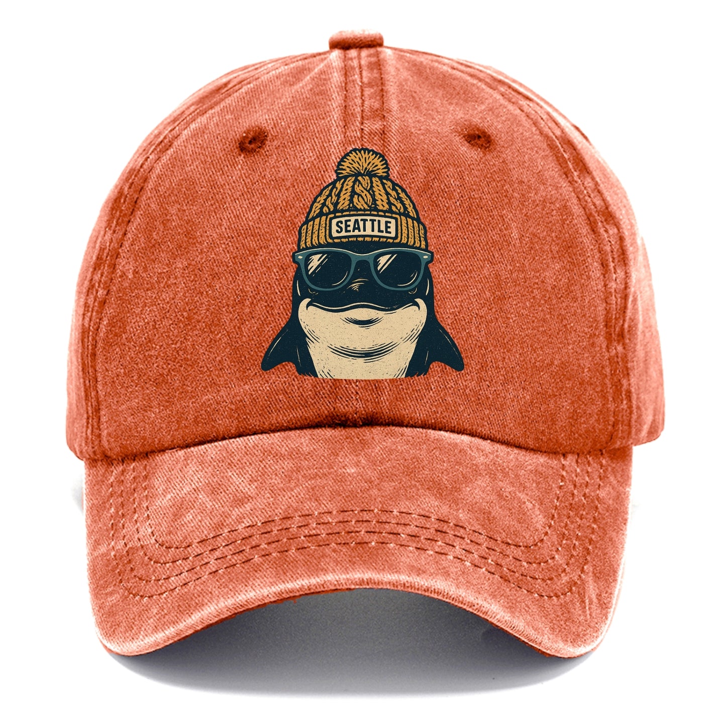 Seattle Orca wearing Seattle beanie with pom pom and wayfarer sunglasses - Classic Cap - Terracotta Clay(Orange)