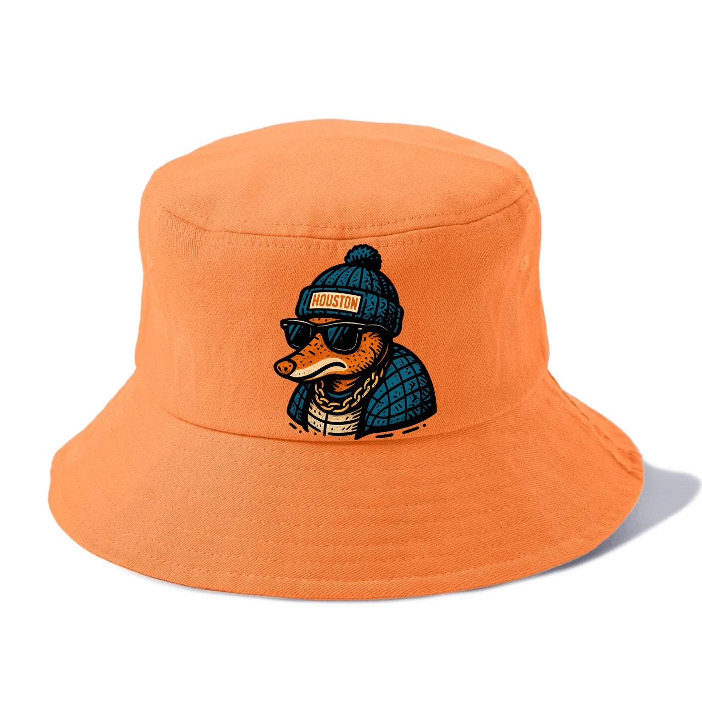 Houston Armadillo wearing Houston beanie with pom pom and wayfarer sunglasses - Bucket Hat - Terracotta Clay(Orange)