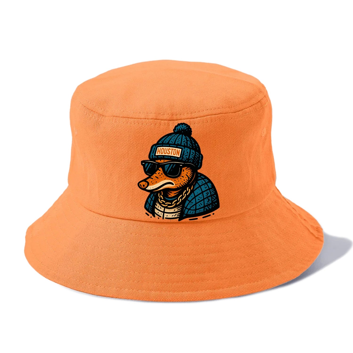 Houston Armadillo wearing Houston beanie with pom pom and wayfarer sunglasses - Bucket Hat - Terracotta Clay(Orange)