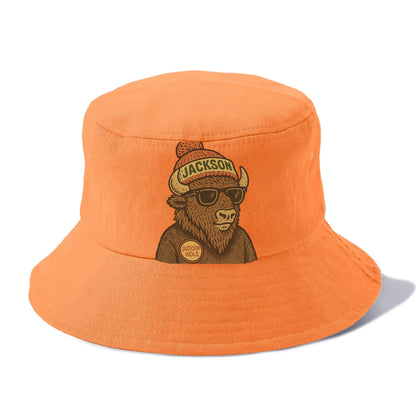 Jackson Hole Bison wearing Jackson beanie with pom pom and wayfarer sunglasses - Bucket Hat - Terracotta Clay(Orange)
