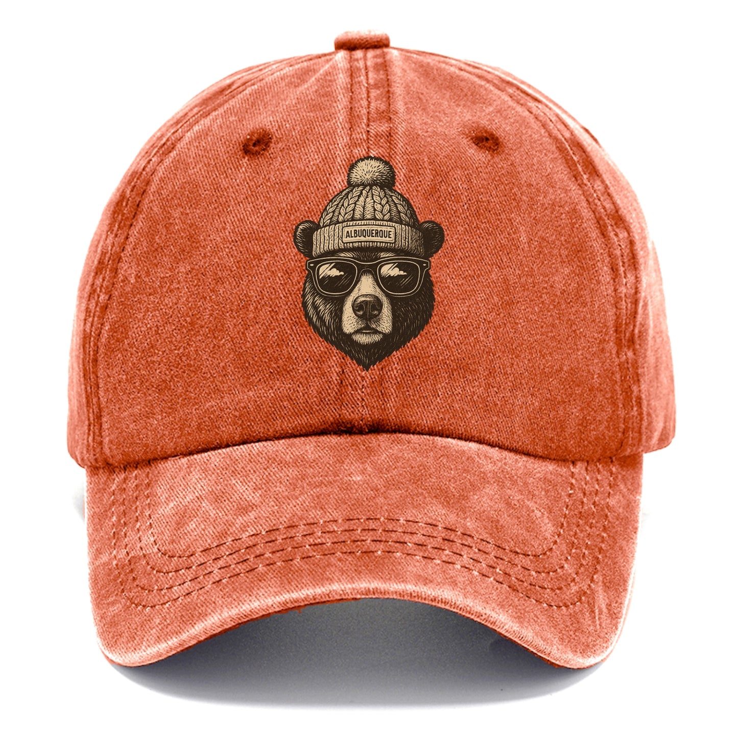 New Mexico Black Bear wearing Albuquerque beanie with pom pom and wayfarer sunglasses - Classic Cap - Terracotta Clay(Orange)