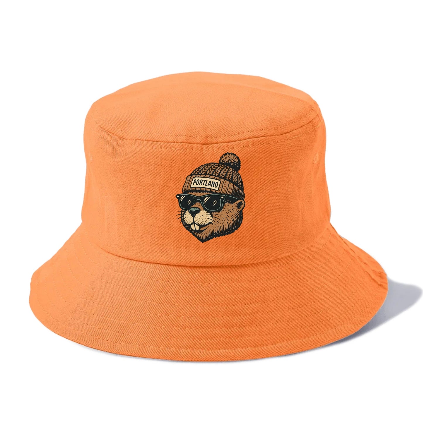 Portland Beaver wearing Portland beanie with pom pom and wayfarer sunglasses - Bucket Hat - Terracotta Clay(Orange)